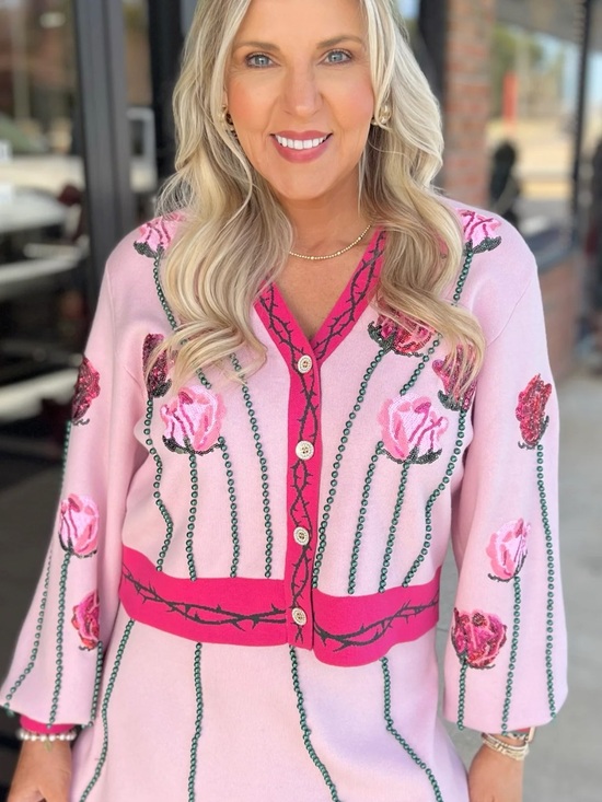 QUEEN OF SPARKLES Jackets & Blazers - Queen Of Sparkles rose stems Pink Floral Cardigan medium NEW